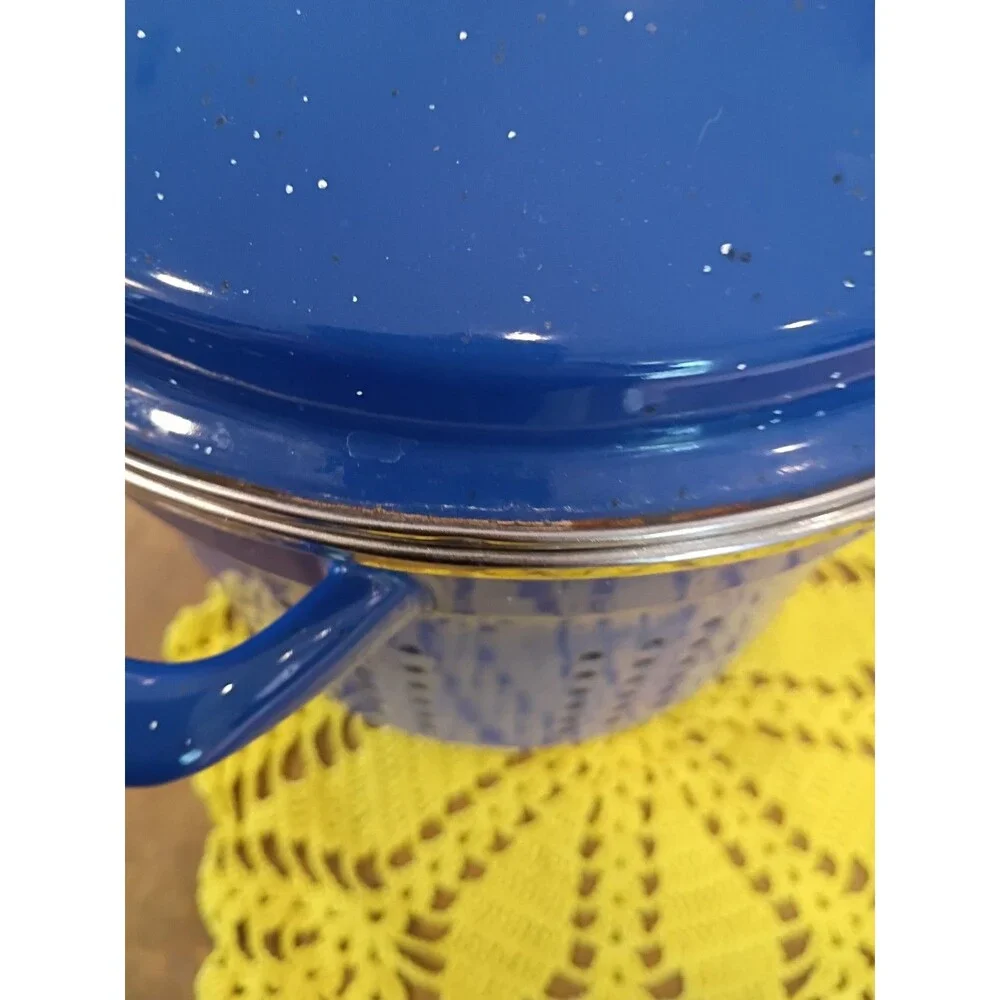 Blue Enamelware Pasta Strainer/Steamer 7.5 Inches Tall, 9.75 Inches Wide, 5 Qts?